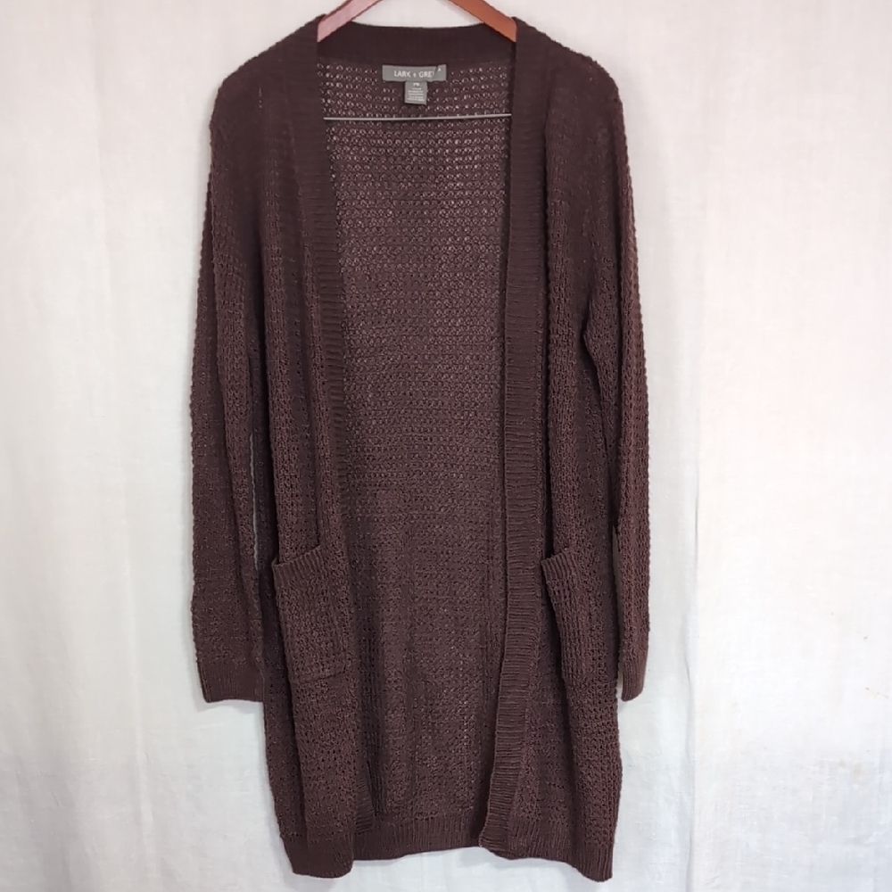Lark + Grey Chocolate Brown Open Front Long Cardigan Size Medium Petite